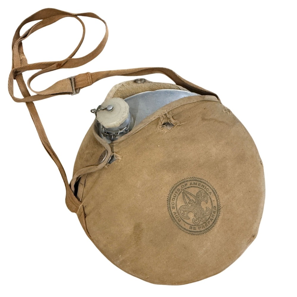 Vintage Boy Scouts of America Canteen Canvas Cover Strap Tan Aluminum BSA Gear